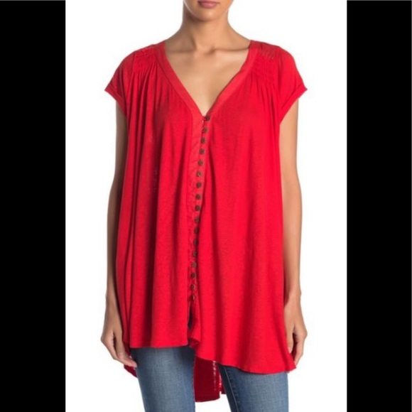 Free People Tops - Free People Red Lotus V Neck Linen blend tee Small